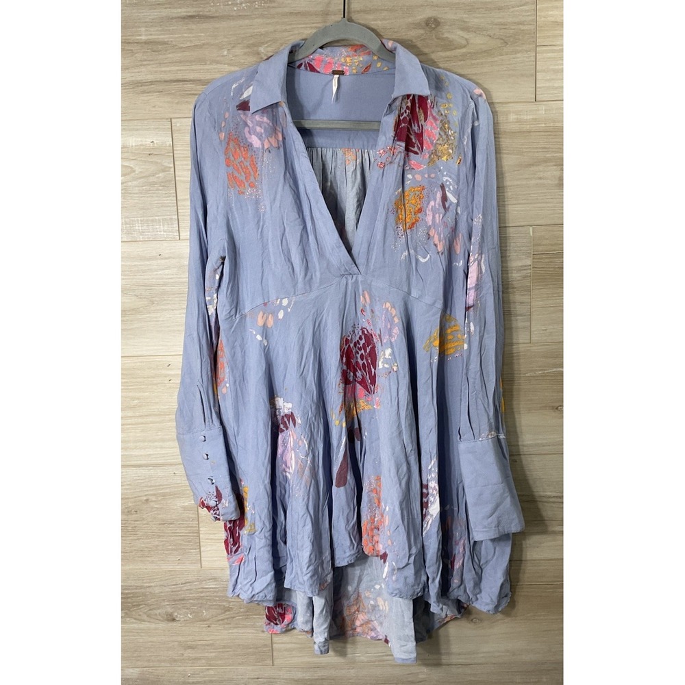 Free People Field of Butterflies Tunic Top Blue Floral Whimsical Boho Festival